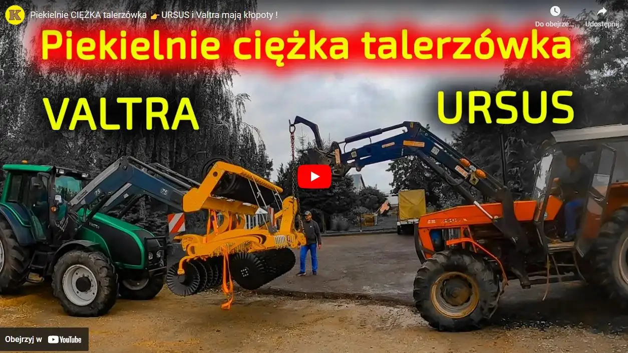 Film pokazuje rozładunek brony talerzowej ciągnikiem Valtra